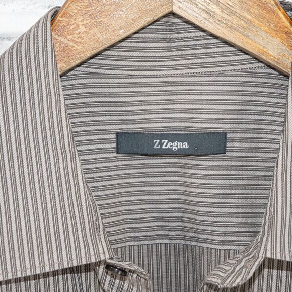 Z Zegna Men's City Fit Button up Shirt in Gray tan striped cotton size 16 - Picture 2 of 7